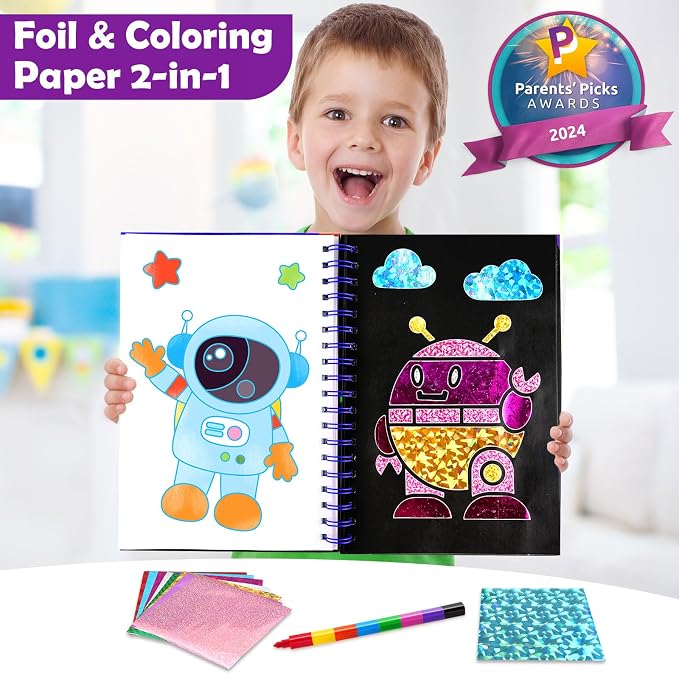 FUNNYB&G Foil Art Craft Kit for Boys 4-10 Years Old: Mess-Free & No-Glue, Create 16 Sparkly Space Pictures – Perfect Travel Toy & Birthday Gift for Kids (Space)