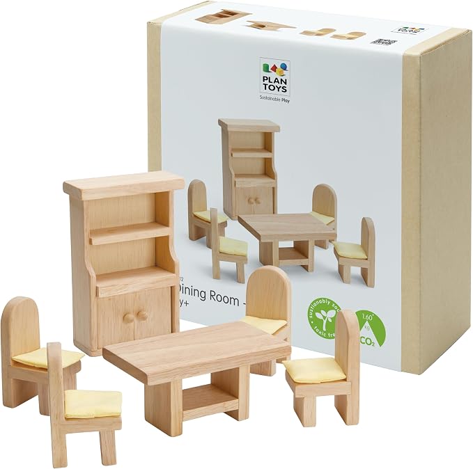 PlanToys® Dining Room Classic Set | Montessori Small World and Family Role Play | Eco Friendly Wooden Dining Room Furniture for Imaginative Play