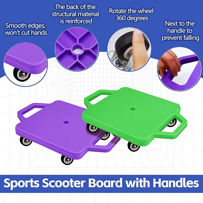 4 Pcs Sports Scooter Board with Handles for Kids Non-Marring Plastic Casters Floor Scooter Board Sitting Scooter Board Boy Girl Gym Indoor Outdoor Activities Play(Red,Green,Purple,Blue)