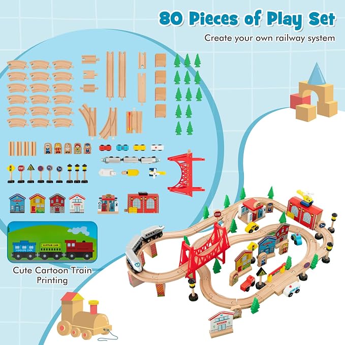 HONEY JOY Train Table, Wooden Kids Activity Table w/ 80 Multicolor Pieces, Tracks, Trains, Cars, Toddler Toy Train Table Set w/Reversible Tabletop, Gift for Boys Girls Ages 18 Months+ (Blue)