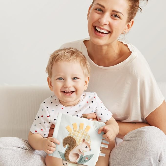 Soft Baby Book with Touch and Feel Pages - Cute Sensory Book for Babies 0-6, 6-12 & 12-18 Months with Mirror & Crinkle Paper - The Perfect Busy Book Toy for Baby Showers Or as a Newborn / Infant Gift