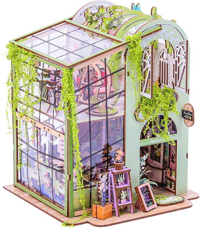 Miniature Flower House Kit, DIY Flower Dollhouse Booknook Making Set, 3D Wooden Puzzle Bookshelf Decor with Furniture for Adults & Teenagers