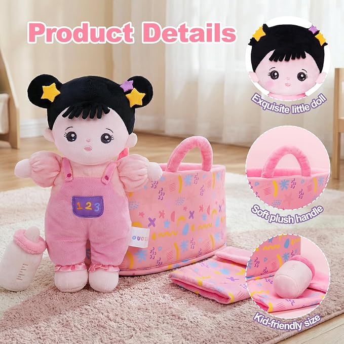 OUOZZZ 10" Soft Baby Doll Accessories with Plush Asian Doll, Bassinet, Blanket and Bottle, Toys for 2 Year Olds Girls Birthday Gift, Interactive Pretend Playset for Preschool, Home