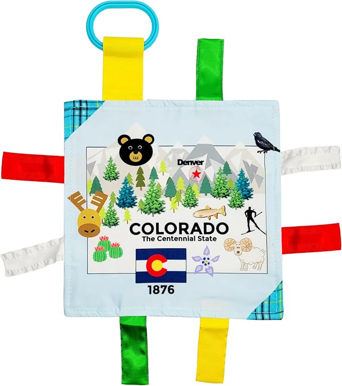 Baby Jack & Co 8x8” Learning Lovey Colorado State Tag Stroller Toy for Babies - Crinkle Toys for Developing Five Senses - Learn About Capitals - Travel with Baby Jack - BPA Free Clip