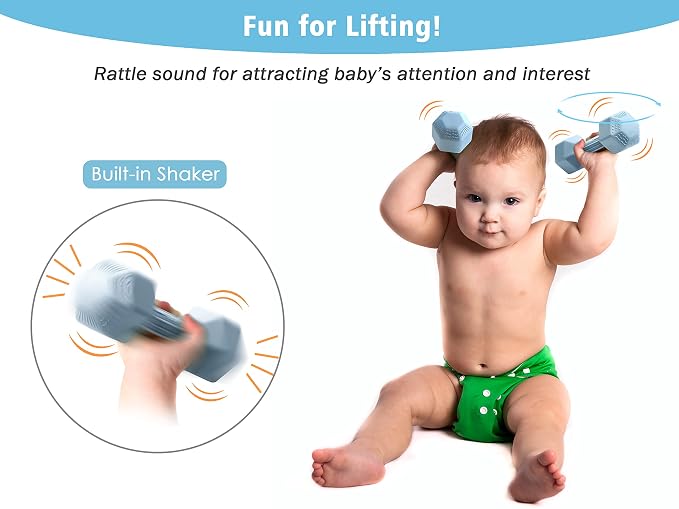 Giftty Baby Dumbbell - Silicone Infant Rattle Teething Toy Teether Toddler Sensory Toy Durable Safe Exercises Workout Weight - Great Gift for Baby Boys & Girls (1pcs - Tangerine)