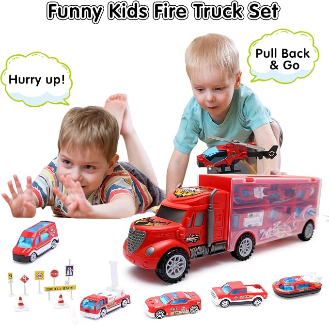 Toddler Toys for 3-4 Year Old Boys,Large Transport Cars Carrier Set Truck Toys with 12-in-1 Vehicles Truck Toys Cars,Ideal Christmas Easter Gifts Toys for Kids Age 3-7,Red