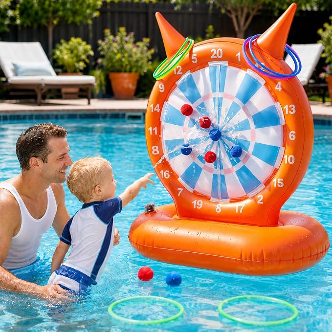 Kids Pool Toys Games, 2-in-1 Inflatable Dart Board Ball and Ring Toss Water Game, Fun Summer Swimming Pool Party Beach Lawn Outdoor Camping Party Float Games for 3-12 Yrs Boys Girls Teen Adult Family