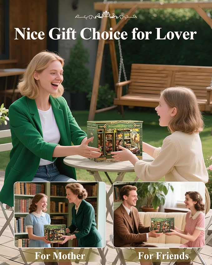 Cutefun Book Nook Kit - DIY Miniature Flower Shop Booknook Kits for Adults and Teens, 3D Wooden Puzzle Bookend Bookshelf with LED Light, Creative Crafts Gifts for Book Lovers (Blossom Florists)