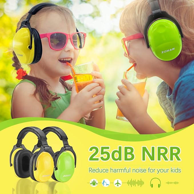 ZOHAN Kids Ear Protection 2 Pack, 25dB NRR Noise Cancelling Headphones for Kids, with Pillowy Pads, for Monster Truck, School, Autism, Sensory, Fireworks, Concerts, Events (Yellow+Green)