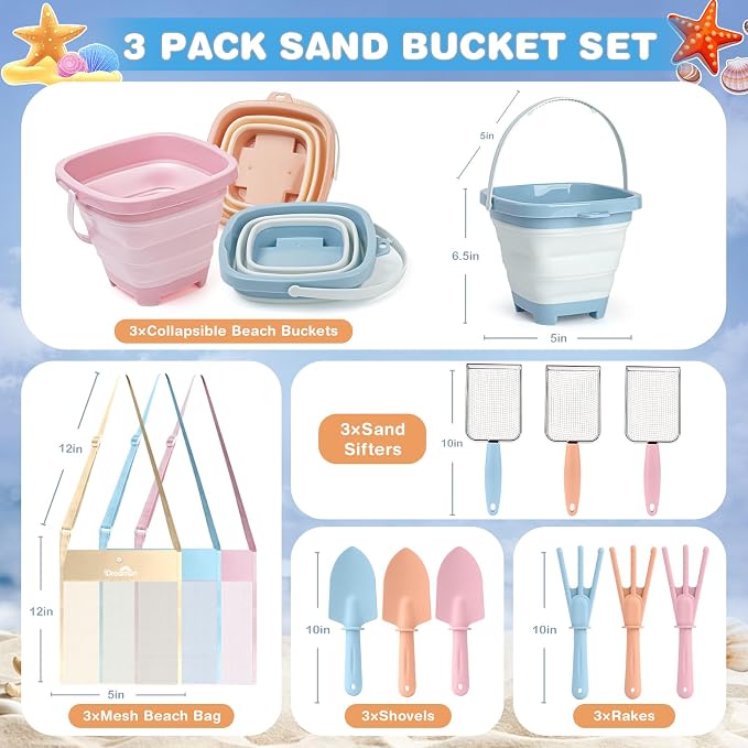 Beach Sand Toys Mesh Shovel Set for Kids, 3 Pack Collapsible Sand Buckets and Filter Sand Scooper with Mesh Bag for Shell Collecting, Shark Tooth Sifter Dipper Sandbox Toys for Toddlers Boys Girls
