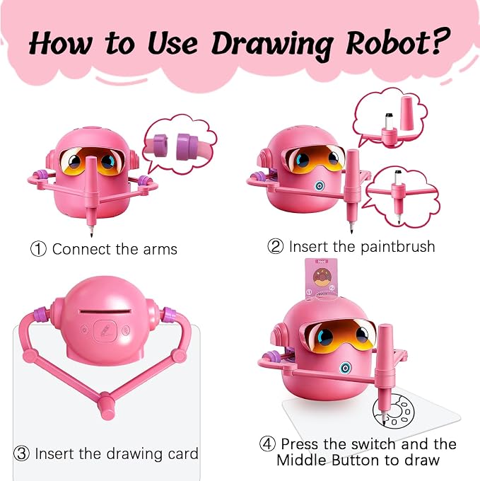 Drawing Robot for Kids with 100 Cards, 12 Colorful Pens & 4 Paintbrushes Montessori Painting Toys for 3-12 Years Old, Voice Read Early Learning Educational Gift for Boys & Girls