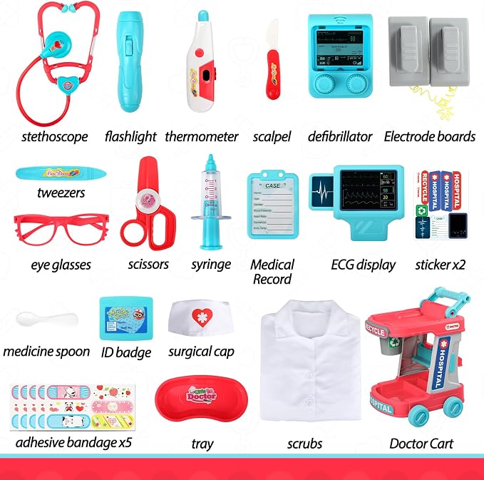 Liberry Doctor Kit for Toddlers Ages 3 4 5, Pretend Kids Doctor Playset with Cart, Costume and Stethoscope, Role Play Medical Toys Birthday Gift for Girls Boys (Red)