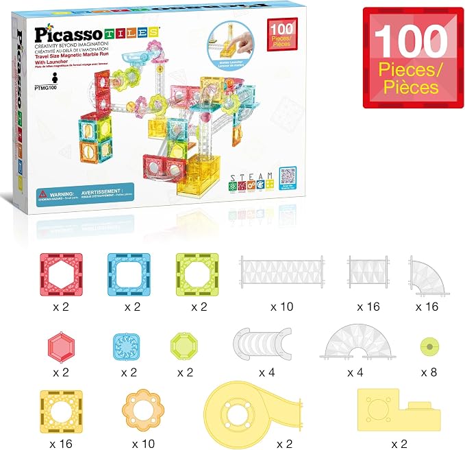 PicassoTiles 100pc Magnetic Marble Run Travel Size Tile Blocks Construction Kids Toy Set On The Go Mini Magnet Tiles Marbles Playset for Race Track Building Block STEM Learning Kit Boy Girl 3+ PTMG100