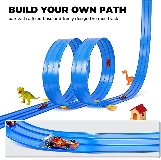 Flexible Race Track Toys for Kids: 20 Ft Flex Race Car Ramp Track with Suction Cups - Rolls Up Portable DIY Racetrack with 4 Racing Cars- Birthday Gifts for Boys Girls Ages 3+
