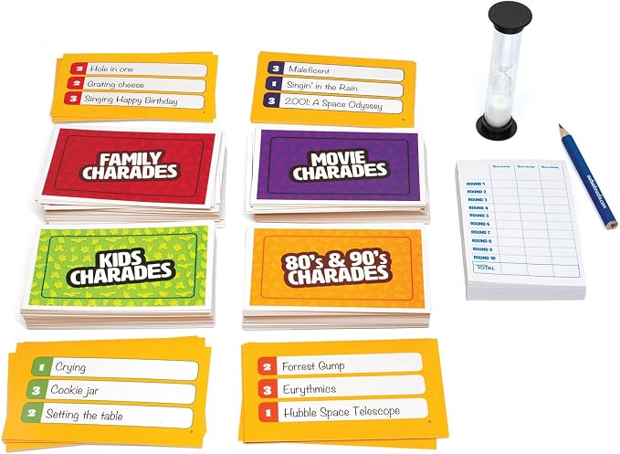 Outset Media Family Charades Game; 4 Games in 1 Box. Includes Movie, 80's 90's, Kids, Family Trivia for 2 or More Players, Ages 7 and up.