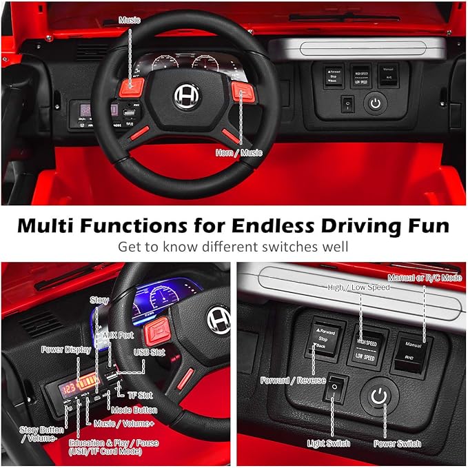 Costzon 2-Seater Ride on Truck, 12V Battery Powered Electric Vehicle Toy w/Storage, Remote Control, 3 Speed, LED Lights, MP3, Horn, Music, 2 Doors Open, Spring Suspension, Ride on Car for Kids (Red)