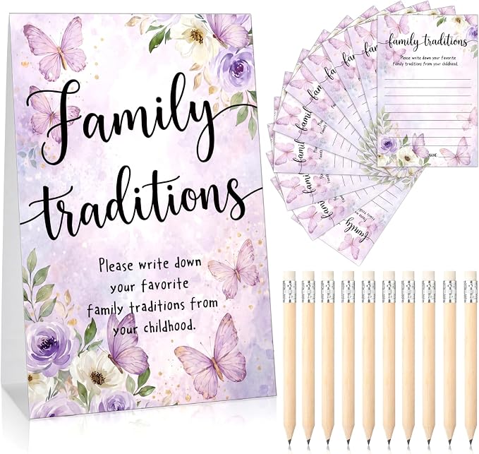 Fumete 61 Pieces Family Tradition Baby Shower Games Include 1 Family Traditions Standing Sign and 50 Activities Cards with 10 Pencils for Gender Reveal Bridal Shower Wedding(Purple,Butterfly)
