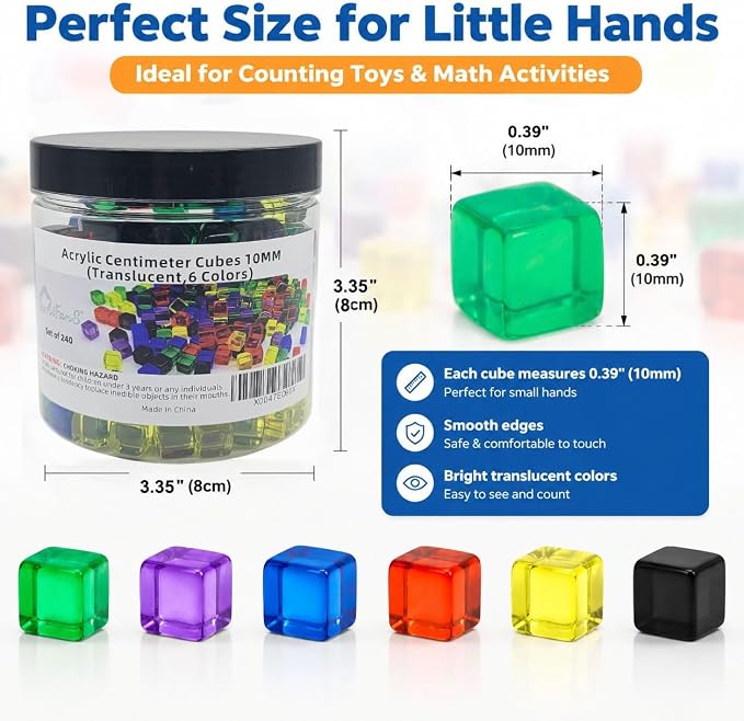 240PCS Centimeter Cubes,Counting/Sorting Toy,Translucent,6 Colors | Counting Cubes,Plastic Math Cubes, Early Development Activity Games, Portable Box