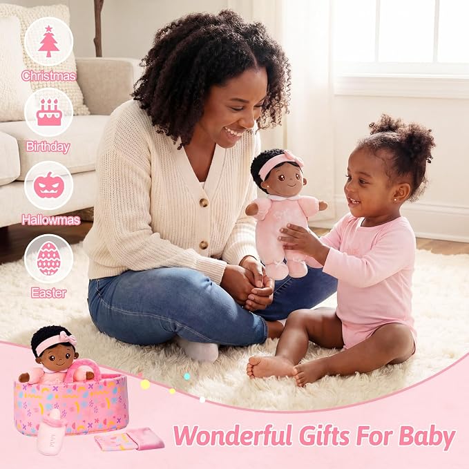 OUOZZZ 10" Black Baby Doll Accessories with Soft Doll, Bassinet, Blanket and Bottle, Toys for 2 Year Olds Girls Birthday Gift, Interactive Pretend Playset for Social Emotional Learning