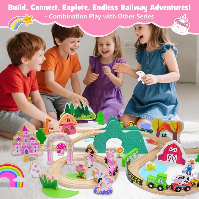 SIMPLIPLAY Wooden Train Set, 43PCS Unicorn Toy Train Set with Crash Barrier | Magnetic Wooden Train with Tracks & Bridge for Girls Toddlers, Enhance Fine Motor Skills, Ideal for Birthday Christmas