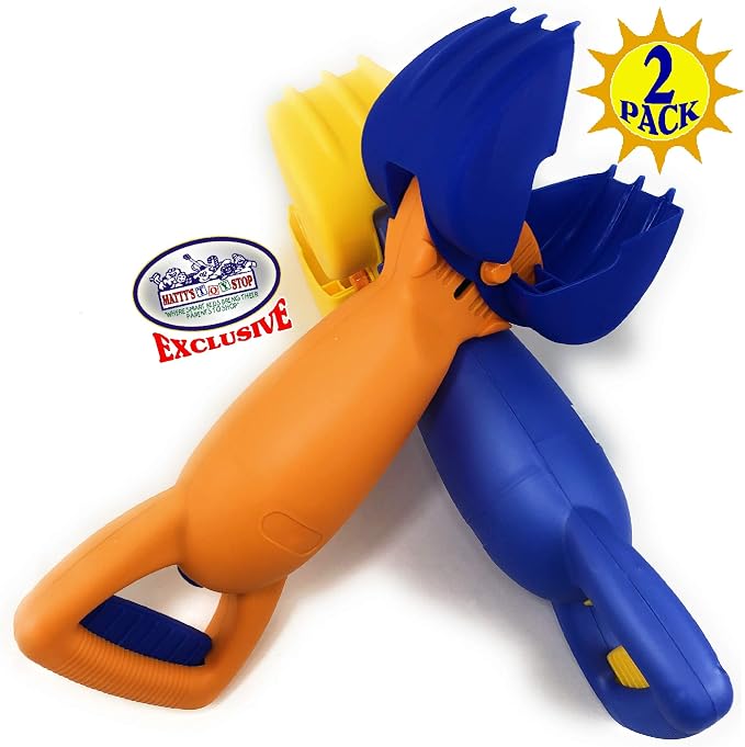 Matty's Toy Stop 14.5" Plastic Sand Grabber Claw Scoops for Sand & Beach (Blue/Yellow & Orange/Blue) Gift Set Bundle - 2 Pack
