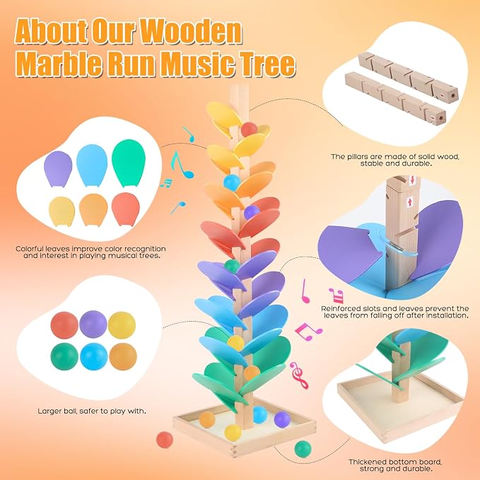 Marble Run Wood Ball Drop Toy for Kids 3-5 Toddlers Wooden Musical Tree Set Ball Run Toys for 4-8 8-12 Years Old Marble Tree Montessori Toys Christmas Birthday Gift (1.1inch Balls)