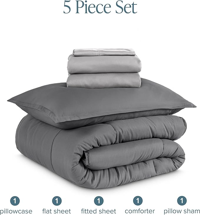 Bare Home Bed-in-A-Bag 5 Piece Comforter & Sheet Set - Twin XL - Goose Down Alternative - Ultra-Soft 1800 Premium Bedding Set (Twin XL, Grey/Light Grey)