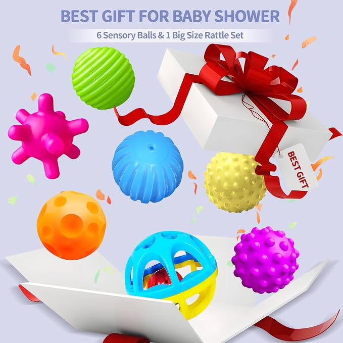 Sensory Balls, Montessori Toys with Baby Rattle 3-6 Months | 6 Multiple Textured Stress Balls with Blue Rattle, Bright Colors, Baby Teether Toys, Gift for Toddlers 1-3