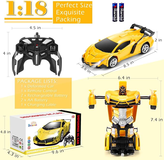 Dolanus Remote Control Car - Transform Robot RC Cars Contains All Batteries: One-Button Deformation and 360 Degree Rotating Drifting, Present Christmas Birthday Gift for Boys/Girls