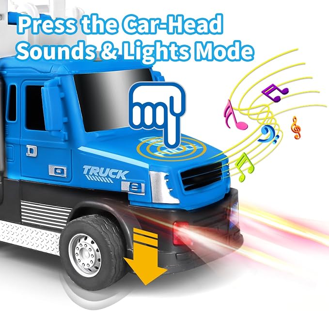 DOWELLIN 6 in 1 Transport Truck Toys for Kids, Police Trucks Carrier Cars with 6Pcs Metal Race Car with Light&Sounds, Toddler Vehicles Toys Gifts for Boys Girls Age 3 4 5 6 7 8-Blue