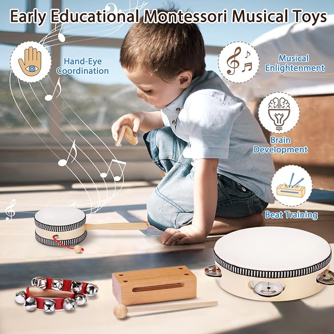 LOOIKOOS Montessori Natural Wooden Musical Instruments Set for Toddlers Preschool Educational Percussion Toys with Storage Bag, Safe Early Learning Toys for Boys Girls (3+)