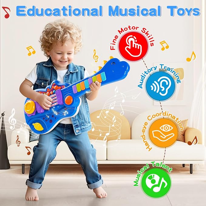 Dinosaur Kids Guitar 2-in-1 Musical Instruments for 3 4 5 Year Old Boys Girls Gifts, Toddler Electric Guitar Piano Toy with Strap & Dino Design (Blue)