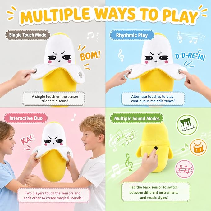 Interactive Music Plush Toy Set for Kids Adults, 8" Banana Fruit Sensing Metronome with Sounds for Multiplayer Interaction Game, Fun Musical Sensory Toy for Christmas Birthday Gifts