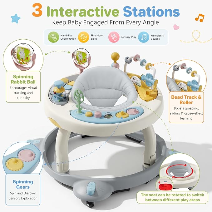 Baby Walker with Wheels, Foldable Baby Walker for Baby 6-12 Months, 3-Position Rotating Seat with Interactive Activity Center, Music Buttons, Baby Walkers for Boys Girls(Blue)
