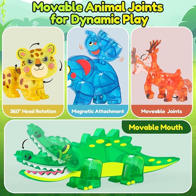 Oriate Jungle Animal Toys for Magnetic Tiles, 5pcs Movable Joints Forest Magnetic Animals for Magnet Building Tiles, Educational Zoo Animals Compatible with Kids Magnetic Blocks