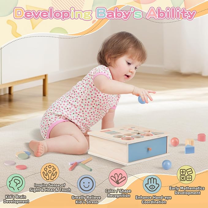 Pajojoqa Montessori Toys for 2 3 4 5 Color Sorting - Wooden Object Permanence Box with Drawer Sensory Toys Shape Sorter Education for Baby Toddler Boy Girl Drop Busy Box 4 in 1