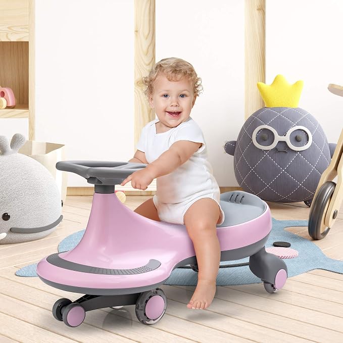BABY JOY Wiggle Car for Kids, Swing Car with LED Flashing Wheels, No Batteries, Gears or Pedals, Uses Twist, Turn, Wiggle Movement to Steer, Ride-on Toy for Boys Girls 3 Year Old and Up (Pink)