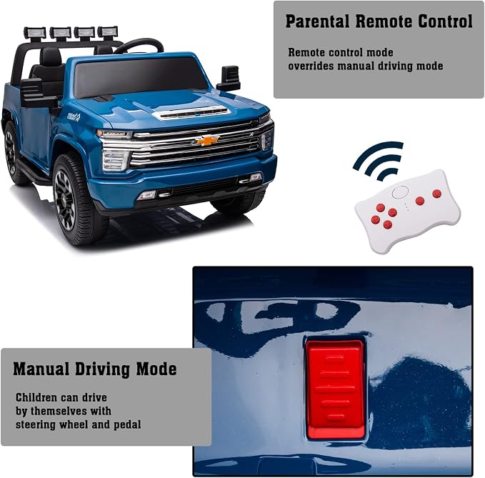 24V Ride on Toys for Kids, Chevrolet Silverado 2 Seater Ride on Car for Kids Remote Control Kids Electric Cars Kids Driving Car with Bluetooth, Power of Wheel Car for Kids Truck for All Types of Road