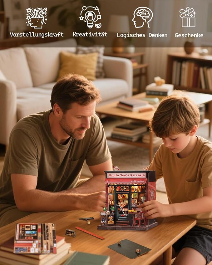 Cutefun Book Nook Kit - DIY Miniature Pizza Shop Booknook Kits for Adults and Teens, 3D Wooden Puzzle Bookend Bookshelf with LED Light, Creative Crafts Gifts for Beginners (Uncle Joe's Pizzeria)