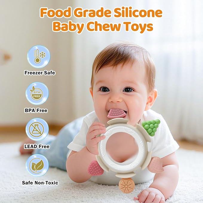 Baby Teething Toys for Babies 3-6 Months, Teething Rings for Sore Gum Relief, Silicone Baby Teether Toys 6-12 Months, Sensory Chew Toy Infant Teether Baby Essentials Gift for Girls Boys, Brown
