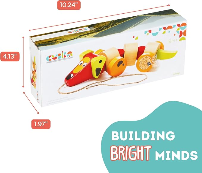 Cubika Wooden Walk Along Sausage Dog – Pull Toy for Toddlers Ages 1-3 – Montessori Inspired, FSC-Certified Wood, German Water-Based Paint – Travel Wooden Toys for Boys and Girls
