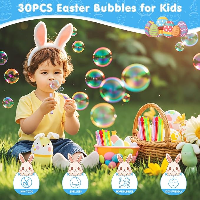 Easter Party Favors Mini Bubble Wands 30PCS Easter Egg Fillers Easter Basket Stuffers Kids Bubbles Bulk for Classroom Exchange Prizes Goodie Bag Stuffers Outdoor Easter Toys Student Gifts for Girl Boy