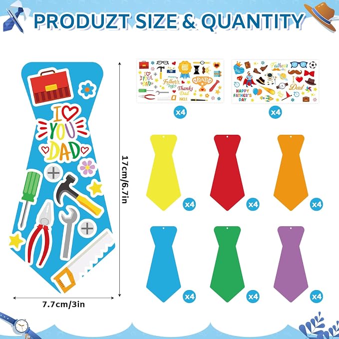 PAIVSUN 24Pcs Fathers Day Crafts for Kids, Make Your Own Tie DIY Necktie for Dad, Father's Day Decorations Gifts Crafts Kit for Classroom School Activities Home Party Favor Supplies