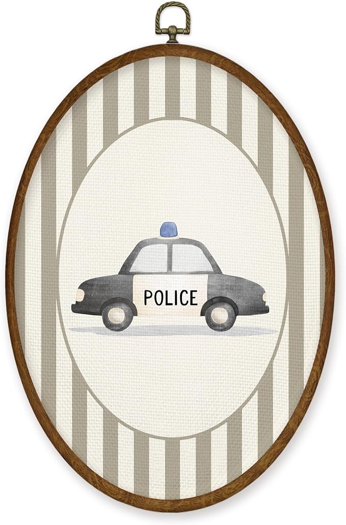 WULQYING Vintage Police Car Nursery Wall Art Decor, Kids Room Oval Framed Canvas Art Prints, Neutral Striped Police Car Wall Hanging Decor for Kids Boy Nursery Room Playroom, 8.5x11.4 Inches