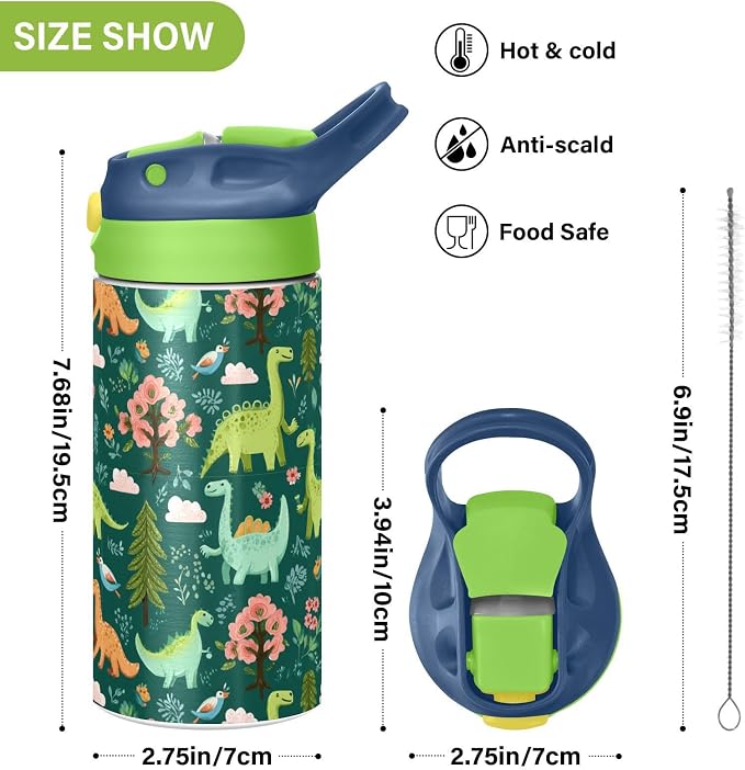 Boccsty Funny Dinosaur Kids Water Bottle with Straw Lid Animal Tropical Leaves Dino Insulated Stainless Steel Reusable Tumbler for Boys Girls Toddlers 12 oz Green