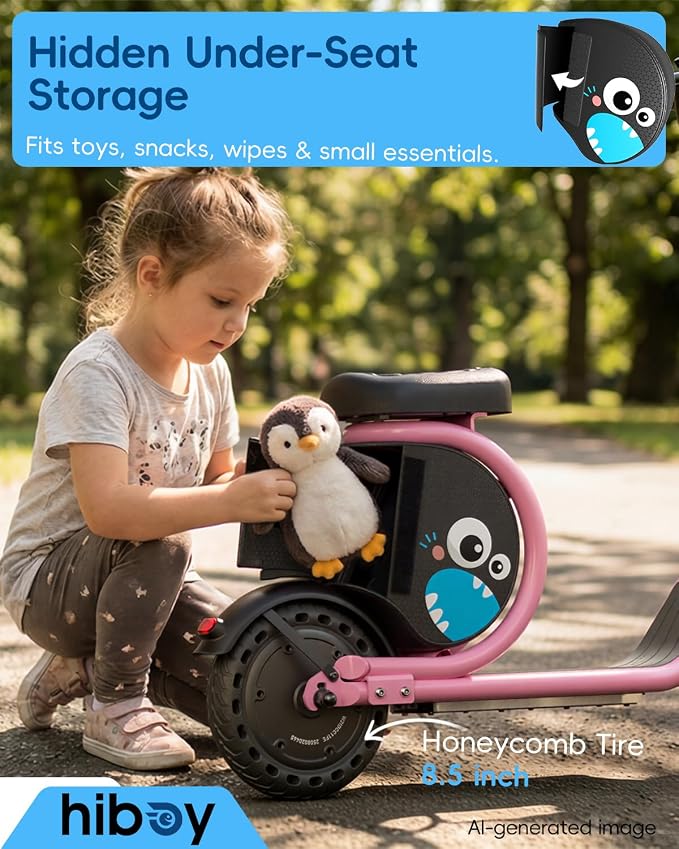Hiboy JoyHaul Electric Scooter for Kids Ages 4-9, with Seat, UL 2272 Certified, 100W Motor, 5 Miles Range, 9.3 MPH, LED Lights, Under-Seat Storage & Front Brake