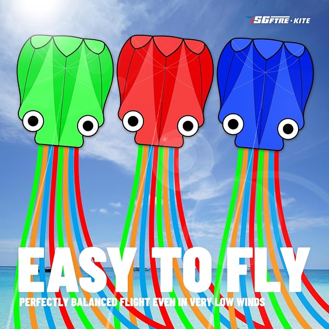 SGftre 3 Piece Set Octopus Kites for Kids and Adults，Easy to Fly for Outdoor Adults Children Line Kite for Kids Toy (Octopus red Blue Green 3-piece Set, 3)