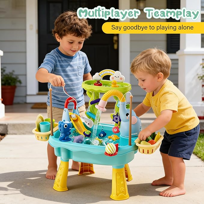 2027 Upgraded Toddlers 1-3 Water Table with Electric Pump, Kids Water Table with Faucet Play Food Accessories Fishing Toy, Kitchen Play Sink Toys for Girl Boy Age 4-8 (Blue)