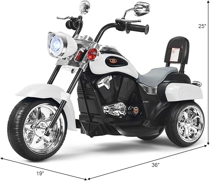 Costzon Kids Motorcycle, 6V Battery Powered Ride on Chopper Motorcycle w/Horn, Headlight, 3-Wheel Stable Ride on Toys, Electric Toddler Motorcycle for Kids, Gift for Boys Girls (White)