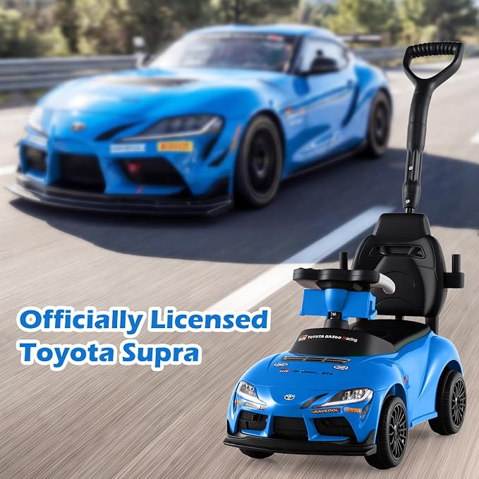 Licensed Toyota Ride on Push Car for Toddlers by INFANS, 3 in 1 Walking Sliding Toy with Removable Guardrails and Handle, Music, Under Seat Storage for Kid (Blue)